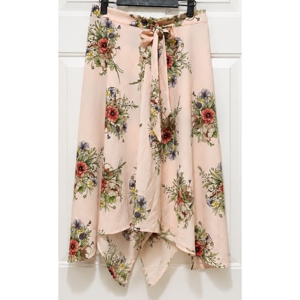 Topshop Petite Floral Handkerchief Hem Midi Skirt Pink Asymmetric Wrap US 6